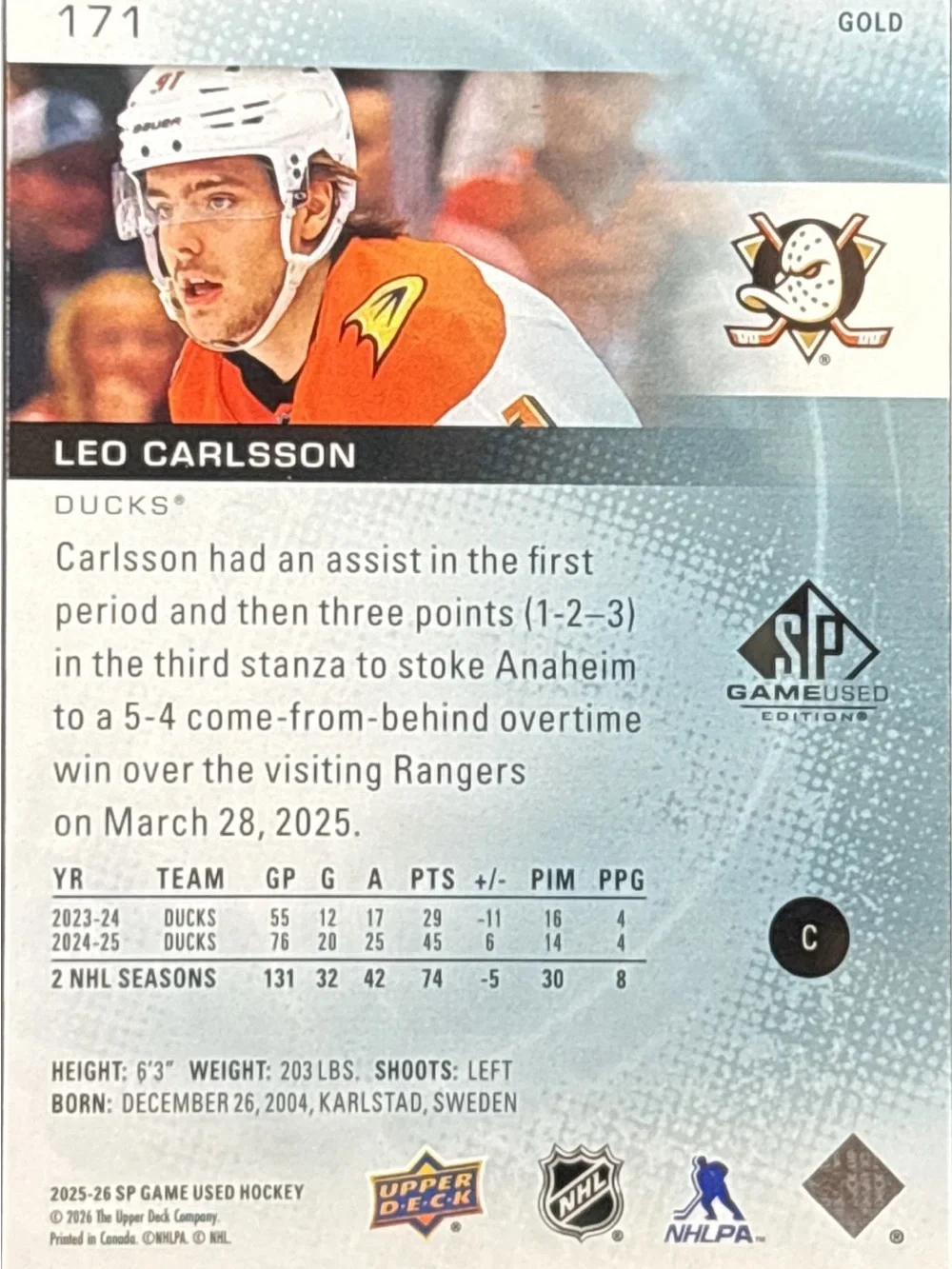 Upper D SP Game Used Gold Parallel Leo Carlsson Hockey Trading Card - LE 120/149